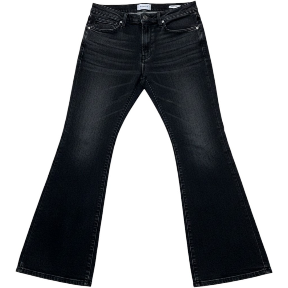 FRAME Crop Flare Black Denim Jeans Stretch Frayed Hem Women's Charcoal Wash